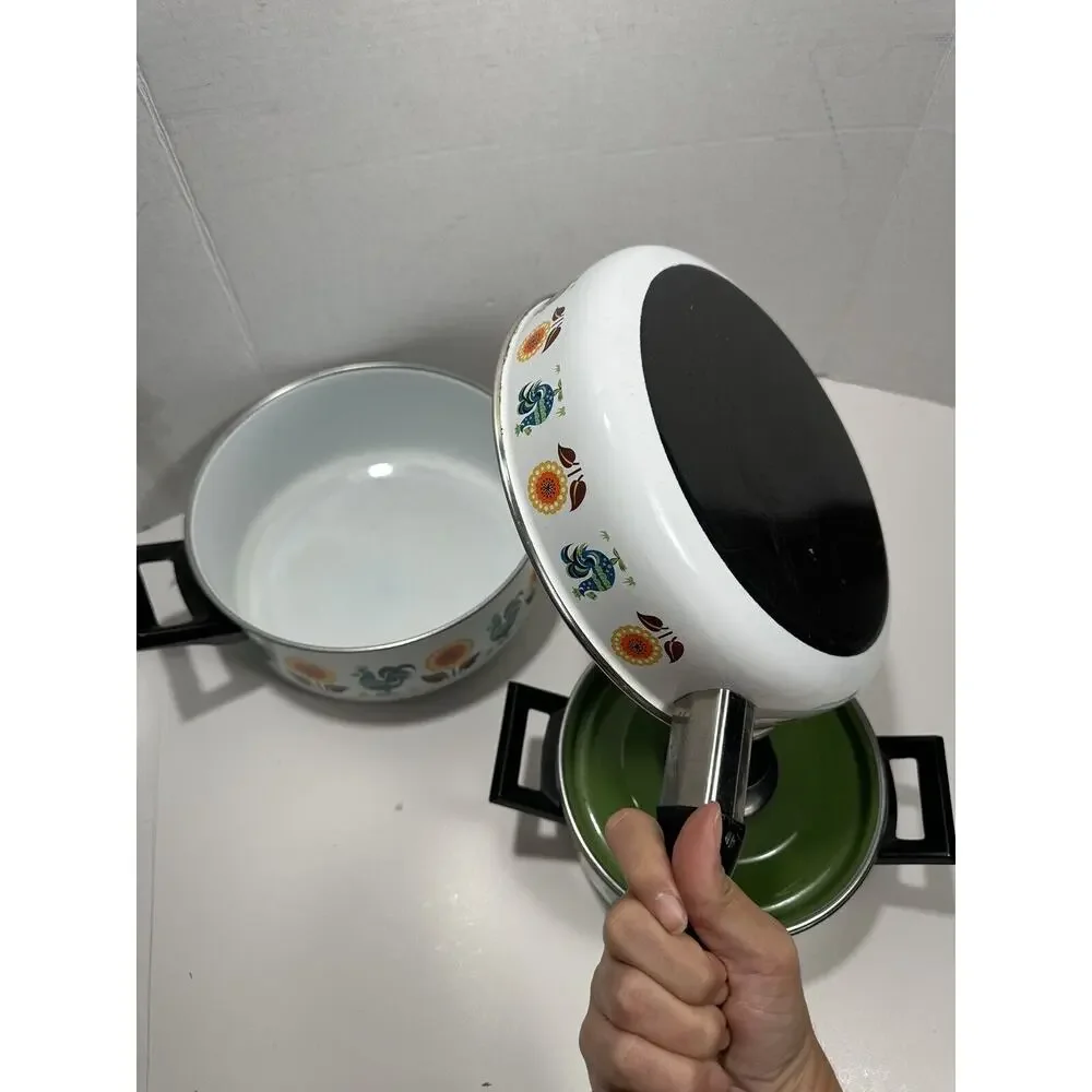 Vtg Lot 3 Enamel Stock Pots Rooster & Poppy Flower‎ 60s 70s Saucer Fry MCM RARE